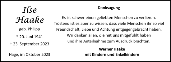 Traueranzeige von Ilse Haake von Ostfriesischer Kurier