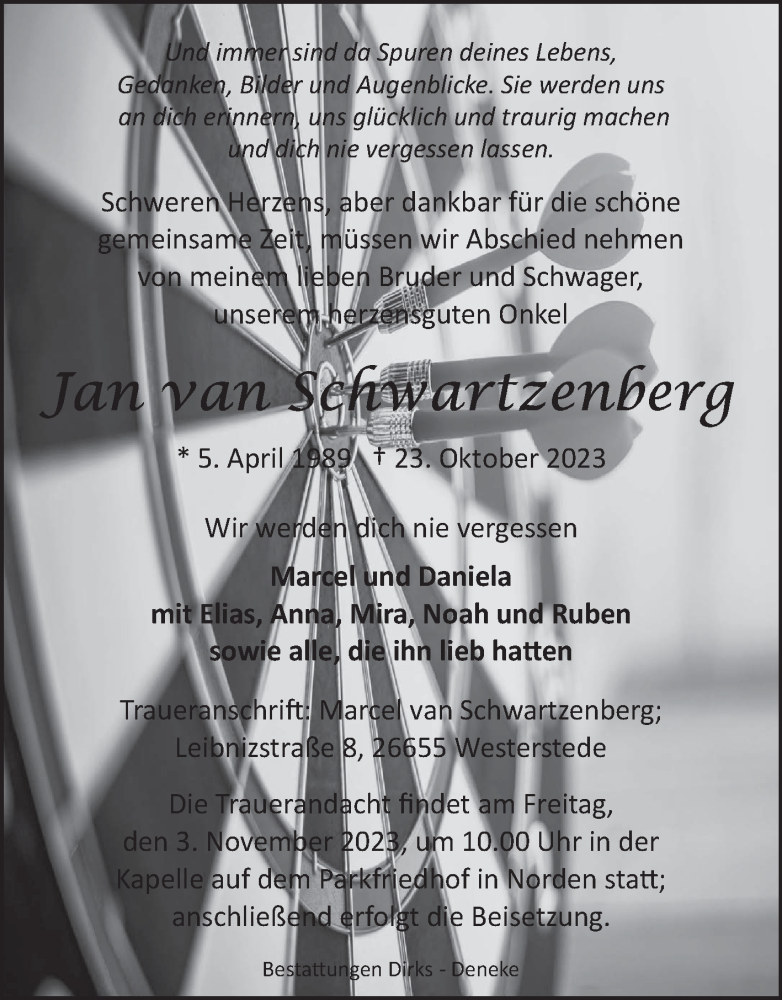  Traueranzeige für Jan van Schwartzenberg vom 28.10.2023 aus Ostfriesischer Kurier