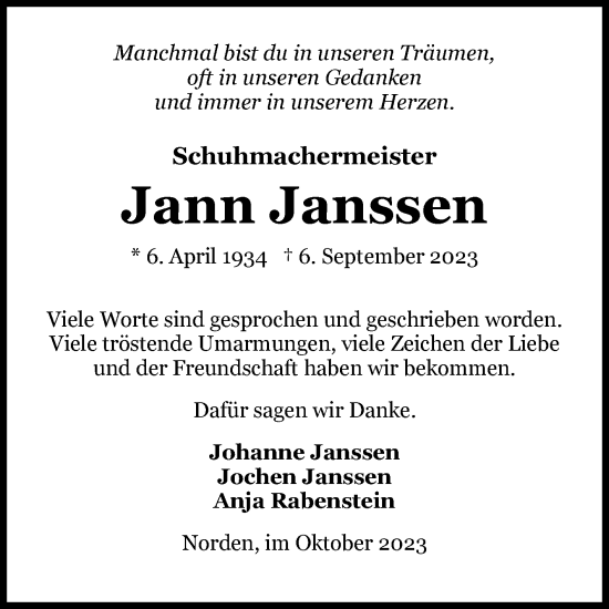 Traueranzeige von Jann Janssen von Ostfriesischer Kurier