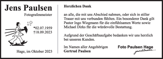 Traueranzeige von Jens Paulsen von Ostfriesischer Kurier