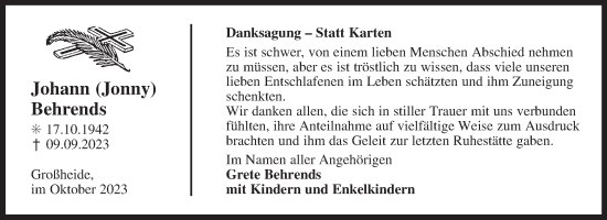Traueranzeige von Johann Behrends von Ostfriesischer Kurier
