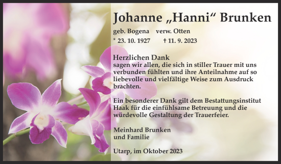 Traueranzeige von Johanne Brunken von Ostfriesischer Kurier