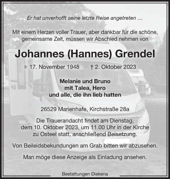 Traueranzeige von Johannes Grendel von Ostfriesischer Kurier
