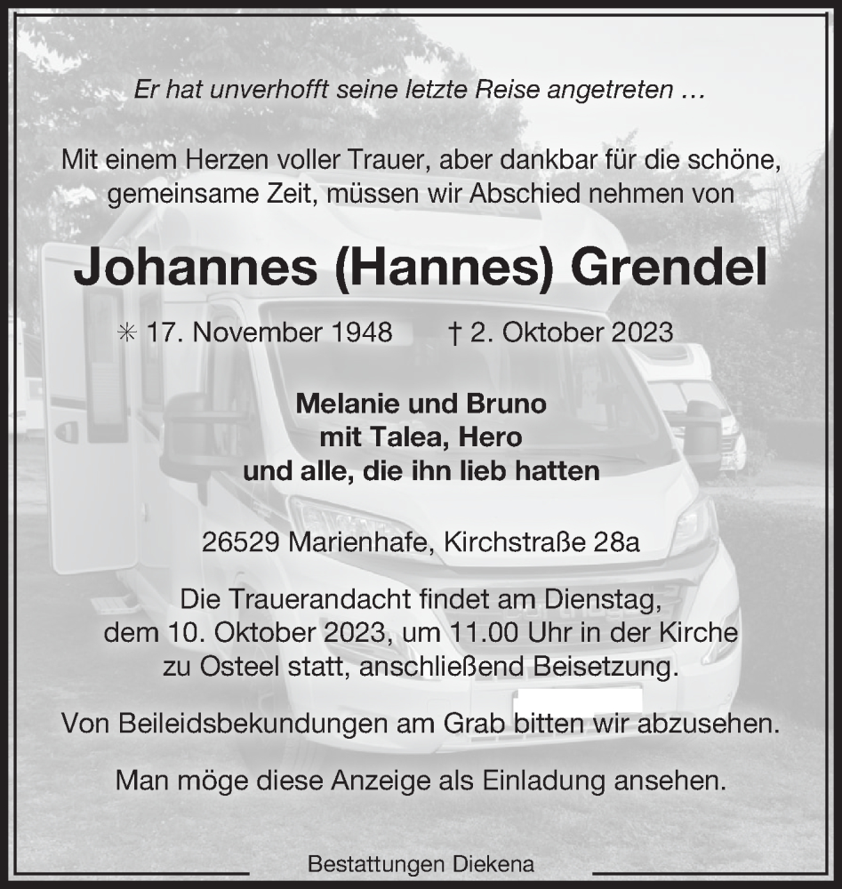  Traueranzeige für Johannes Grendel vom 07.10.2023 aus Ostfriesischer Kurier