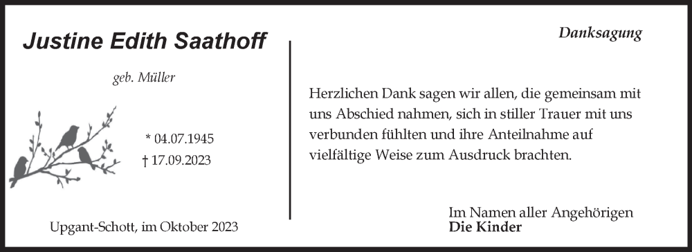  Traueranzeige für Justine Saathoff vom 14.10.2023 aus Ostfriesischer Kurier