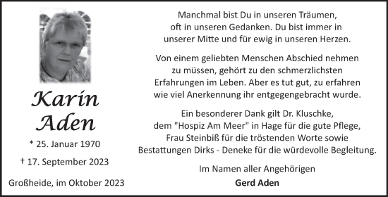 Traueranzeige von Karin Aden von Ostfriesischer Kurier