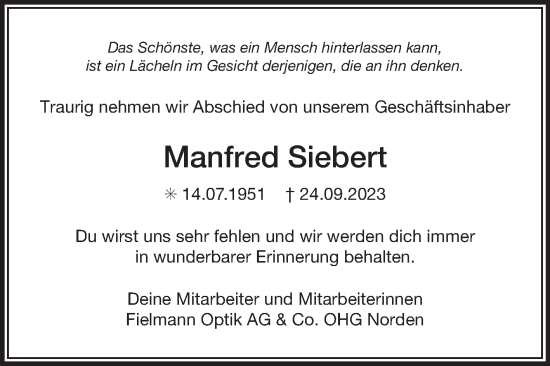 Traueranzeige von Manfred Siebert von Ostfriesischer Kurier