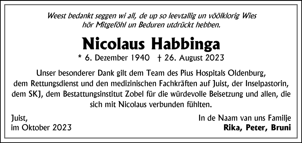  Traueranzeige für Nicolaus Habbinga vom 07.10.2023 aus Ostfriesischer Kurier