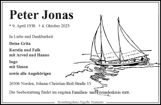 Traueranzeige von Peter Jonas von Ostfriesischer Kurier