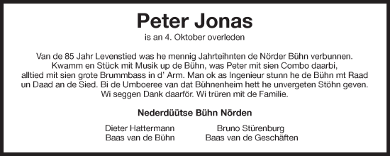 Traueranzeige von Peter Jonas von Ostfriesischer Kurier