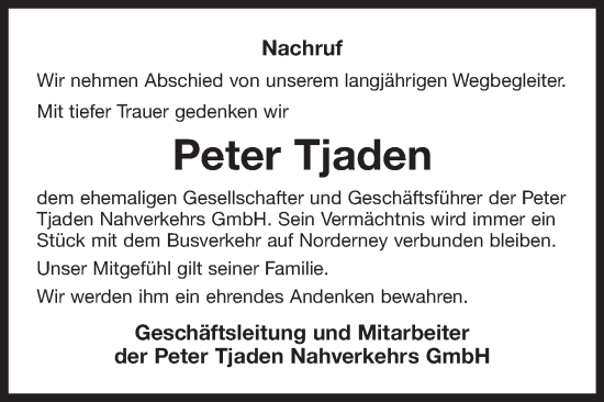 Traueranzeige von Peter Tjaden von Ostfriesischer Kurier