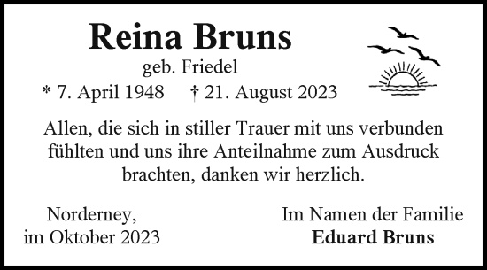 Traueranzeige von Reina Bruns von Ostfriesischer Kurier