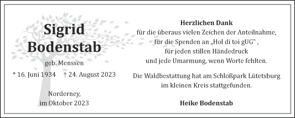  Traueranzeige für Sigrid Bodenstab vom 07.10.2023 aus Ostfriesischer Kurier