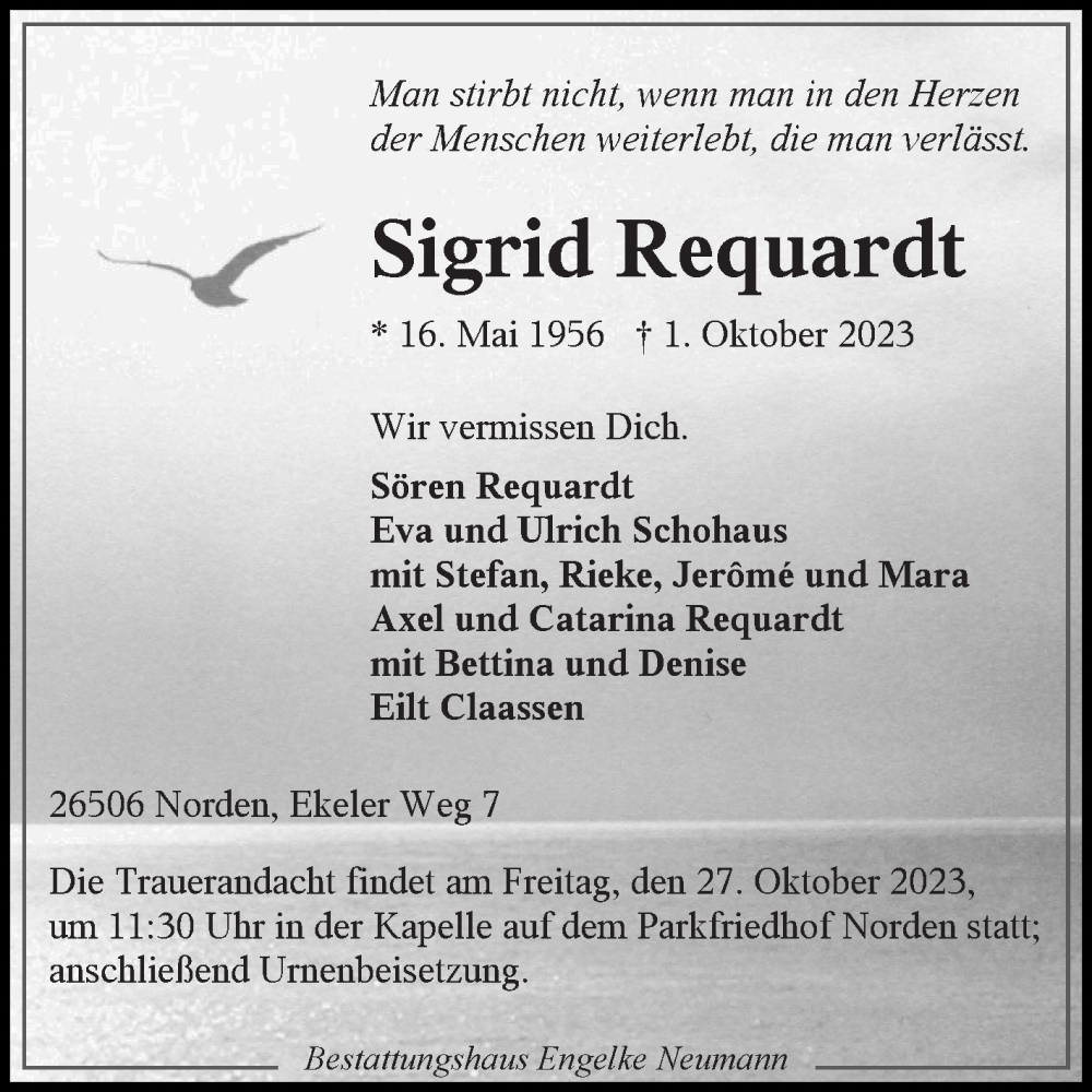  Traueranzeige für Sigrid Requardt vom 21.10.2023 aus Ostfriesischer Kurier