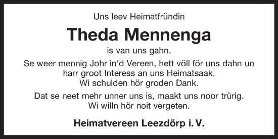 Traueranzeige von Theda Mennenga von Ostfriesischer Kurier