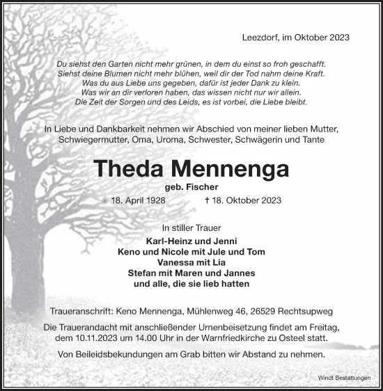 Traueranzeige von Theda Mennenga von Ostfriesischer Kurier