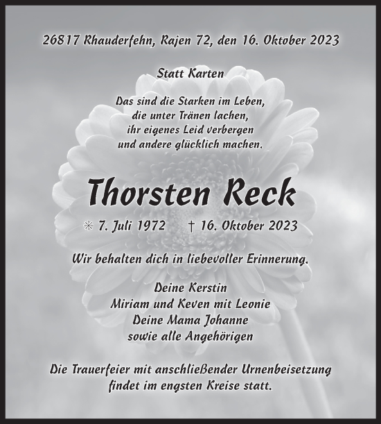 Traueranzeige von Thorsten Reck von Ostfriesischer Kurier