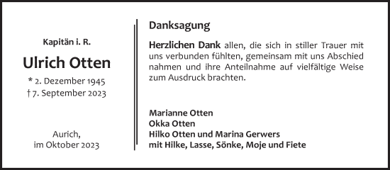 Traueranzeige von Ulrich Otten von Ostfriesischer Kurier
