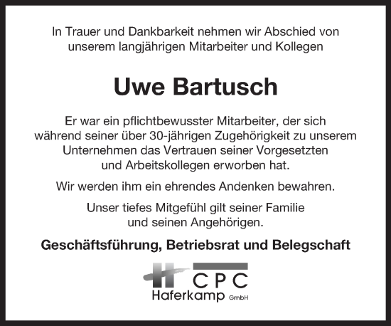 Traueranzeige von Uwe Bartusch von Ostfriesischer Kurier