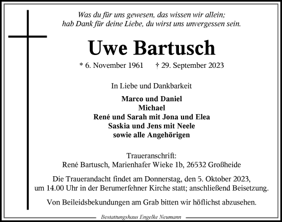Traueranzeige von Uwe Bartusch von Ostfriesischer Kurier