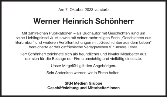 Traueranzeige von Werner Heinrich Schönherr von Ostfriesischer Kurier