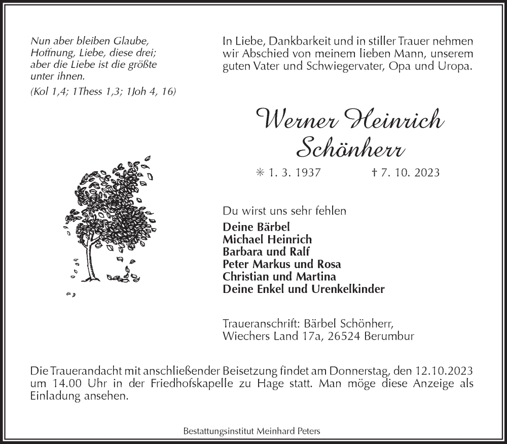  Traueranzeige für Werner Heinrich Schönherr vom 10.10.2023 aus Ostfriesischer Kurier