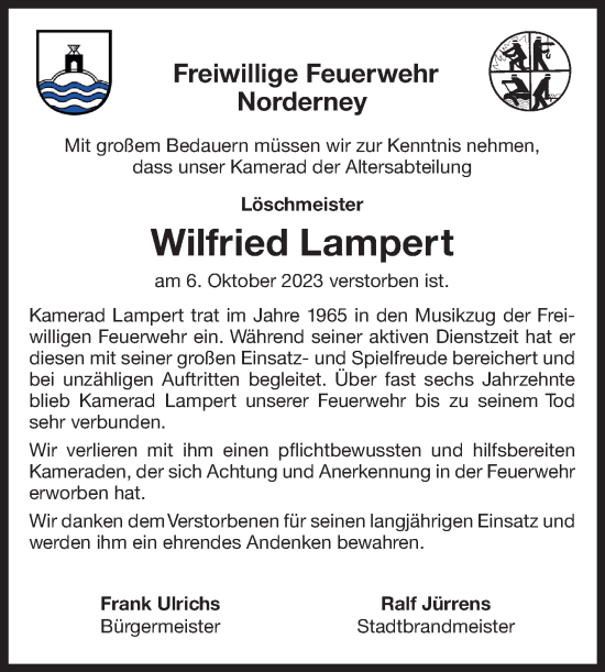 Traueranzeige von Wilfried Lampert von Ostfriesischer Kurier