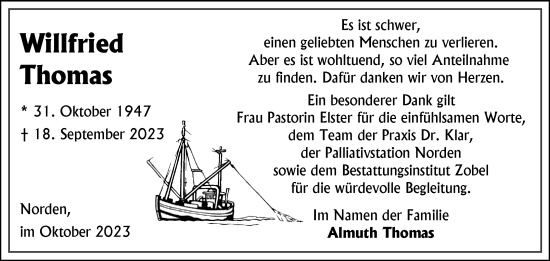 Traueranzeige von Willfried Thomas von Ostfriesischer Kurier