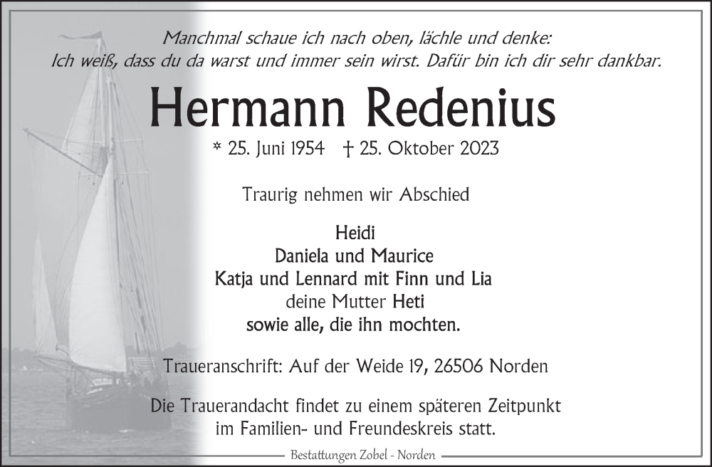  Traueranzeige für Hermann Redenius vom 28.10.2023 aus Ostfriesischer Kurier