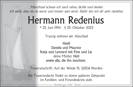 Traueranzeige von Hermann Redenius von Ostfriesischer Kurier