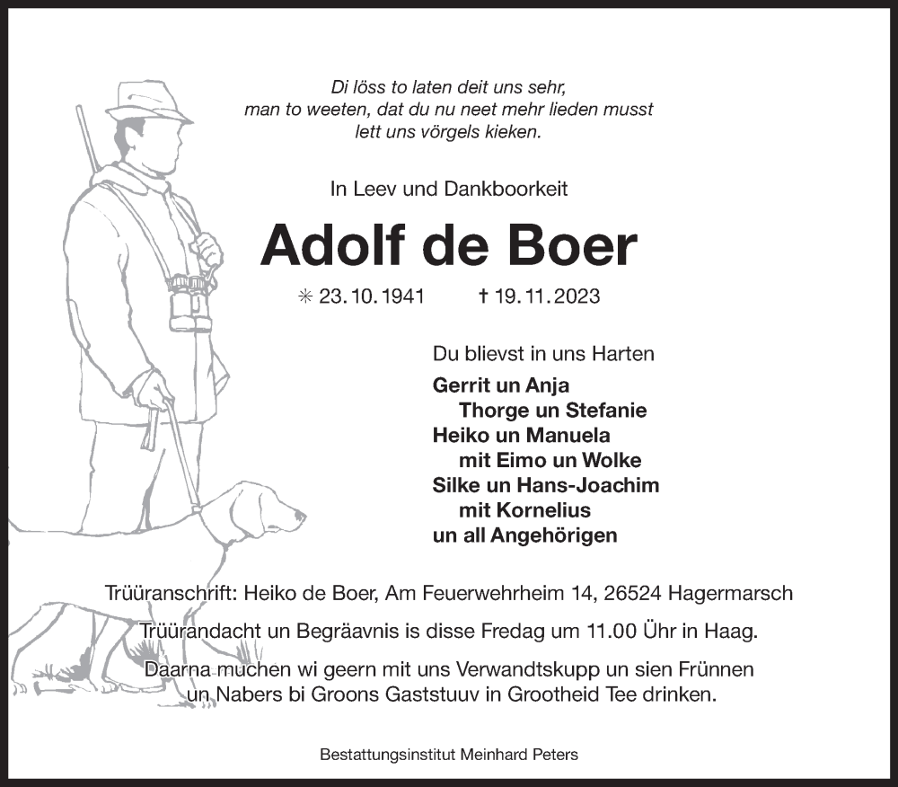  Traueranzeige für Adolf de Boer vom 22.11.2023 aus Ostfriesischer Kurier