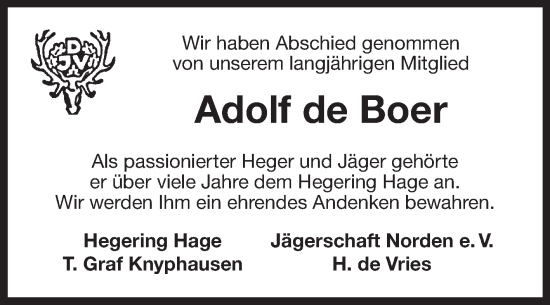 Traueranzeige von Adolf de Boer von Ostfriesischer Kurier