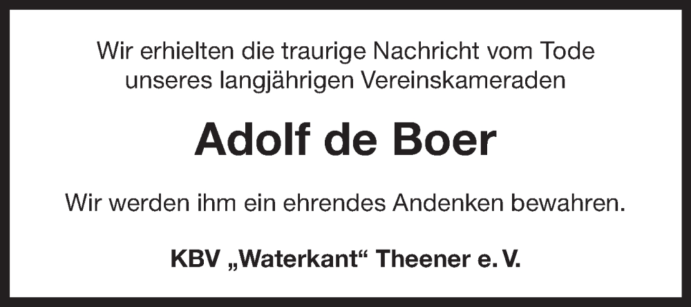  Traueranzeige für Adolf de Boer vom 23.11.2023 aus Ostfriesischer Kurier