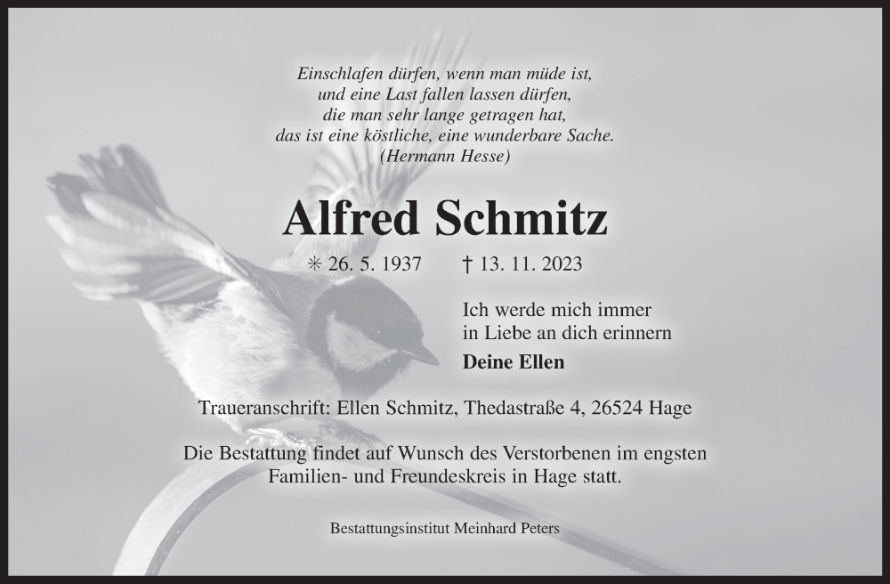  Traueranzeige für Alfred Schmitz vom 18.11.2023 aus Ostfriesischer Kurier