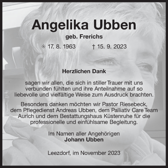 Traueranzeige von Angelika Ubben von Ostfriesischer Kurier