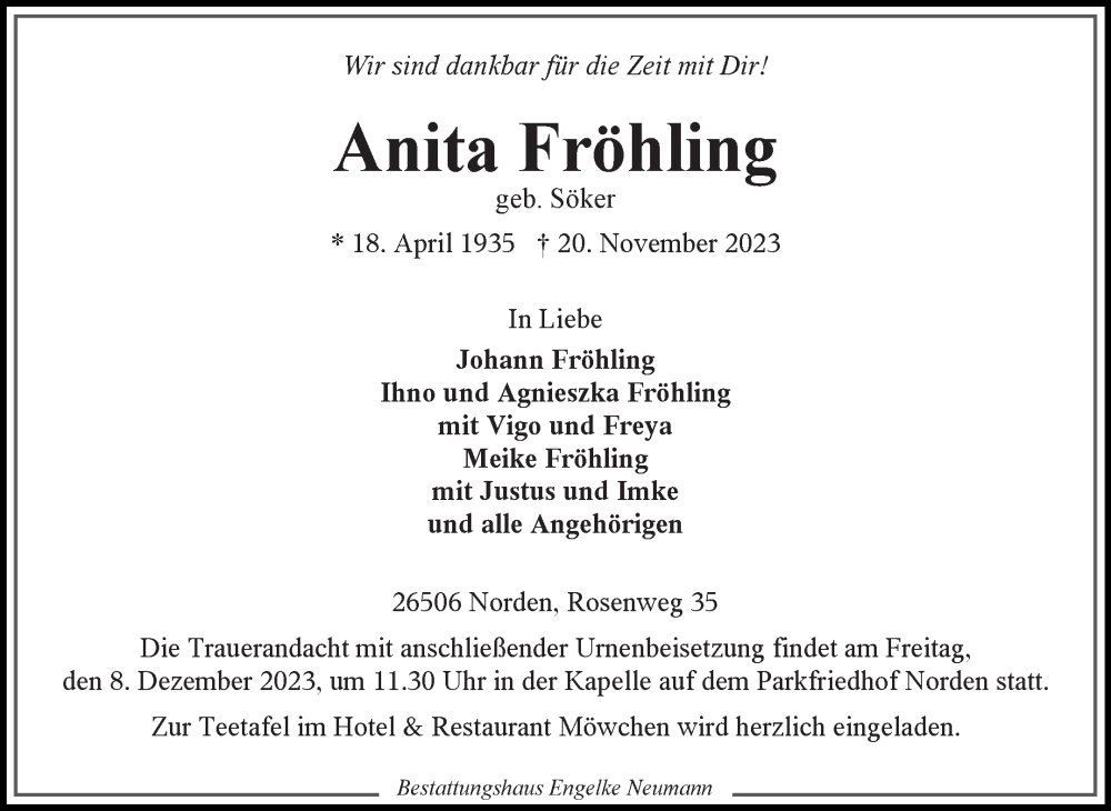  Traueranzeige für Anita Fröhling vom 25.11.2023 aus Ostfriesischer Kurier