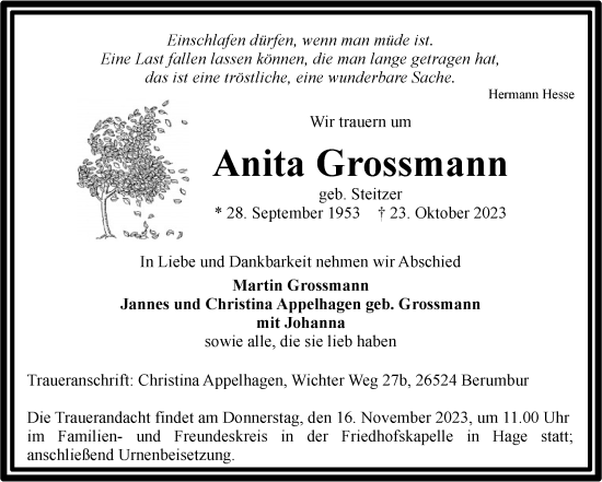 Traueranzeige von Anita Grossmann von Ostfriesischer Kurier