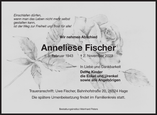 Traueranzeige von Anneliese Fischer von Ostfriesischer Kurier