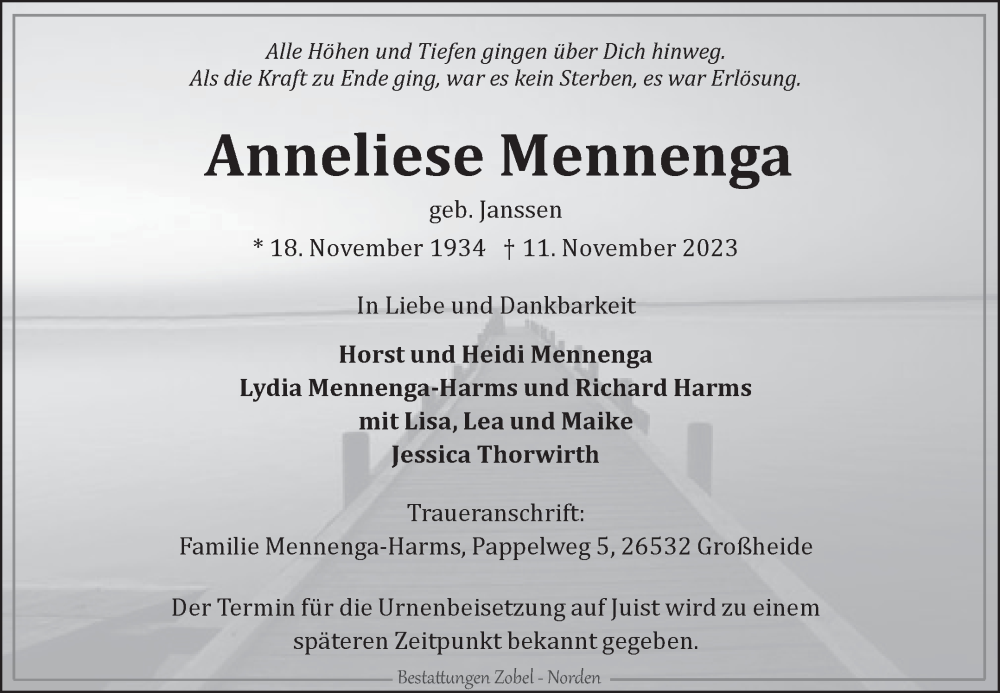  Traueranzeige für Anneliese Mennenga vom 15.11.2023 aus Ostfriesischer Kurier