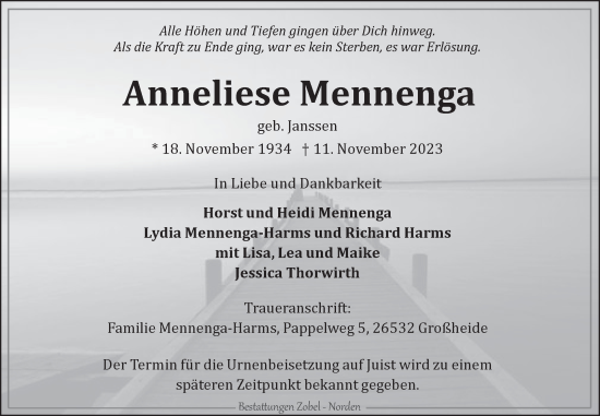 Traueranzeige von Anneliese Mennenga von Ostfriesischer Kurier