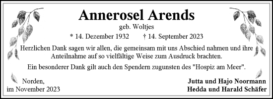 Traueranzeige von Annerosel Arends von Ostfriesischer Kurier