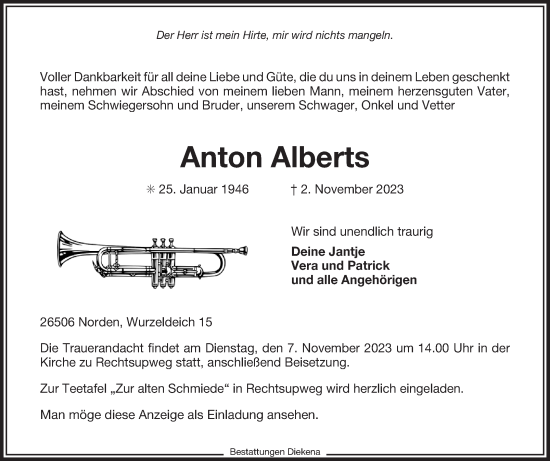 Traueranzeige von Anton Alberts von Ostfriesischer Kurier