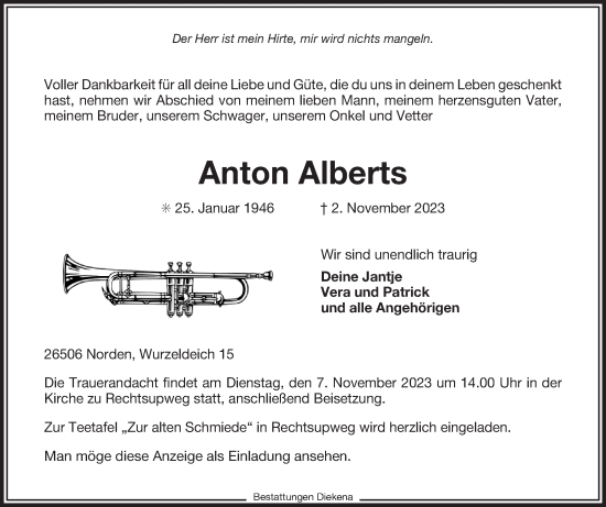 Traueranzeige von Anton Alberts von Ostfriesischer Kurier