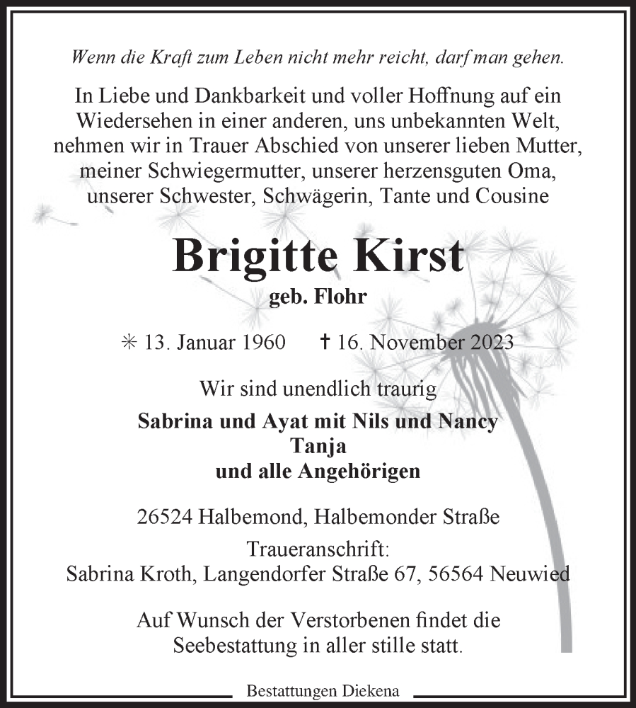  Traueranzeige für Brigitte Kirst vom 18.11.2023 aus Ostfriesischer Kurier