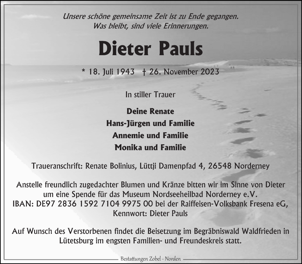  Traueranzeige für Dieter Pauls vom 29.11.2023 aus Ostfriesischer Kurier