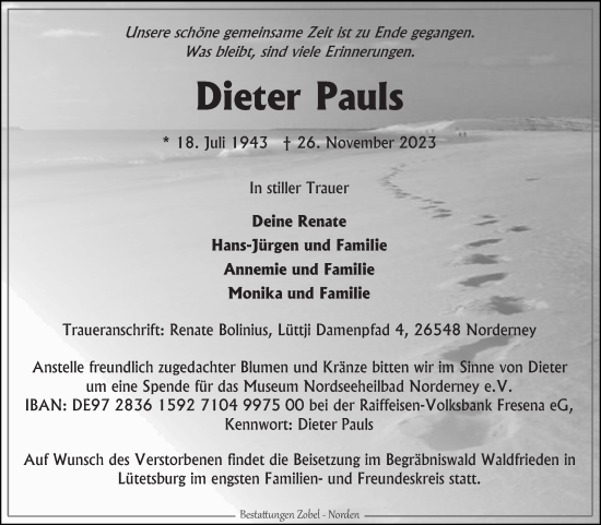 Traueranzeige von Dieter Pauls von Ostfriesischer Kurier