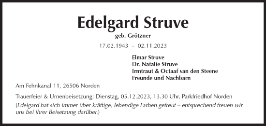 Traueranzeige von Edelgard Struve von Ostfriesischer Kurier