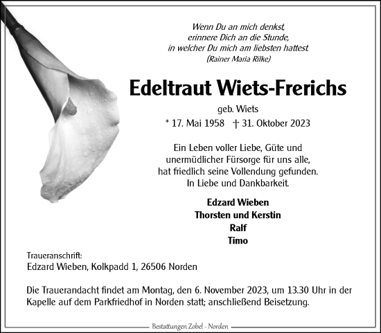 Traueranzeige von Edeltraut Wiets-Frerichs von Ostfriesischer Kurier