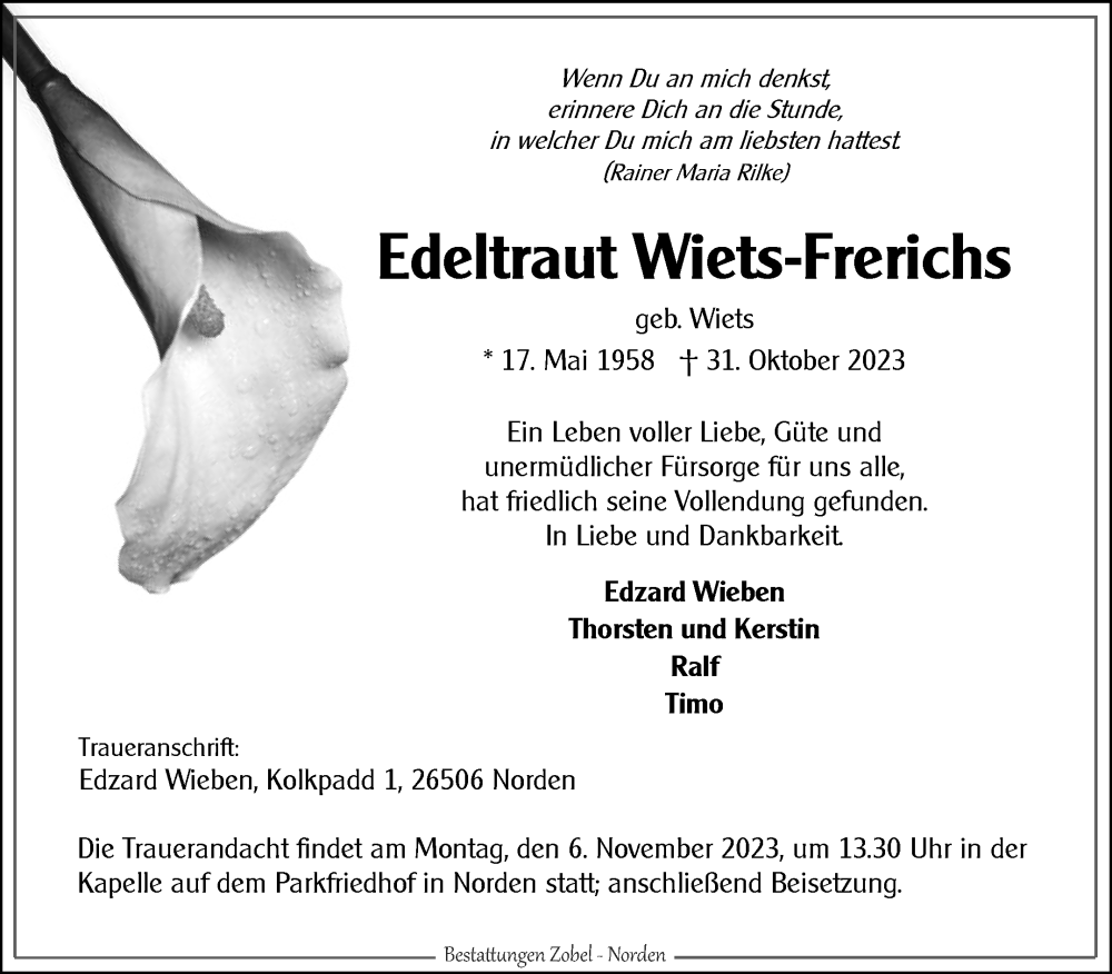  Traueranzeige für Edeltraut Wiets-Frerichs vom 03.11.2023 aus Ostfriesischer Kurier