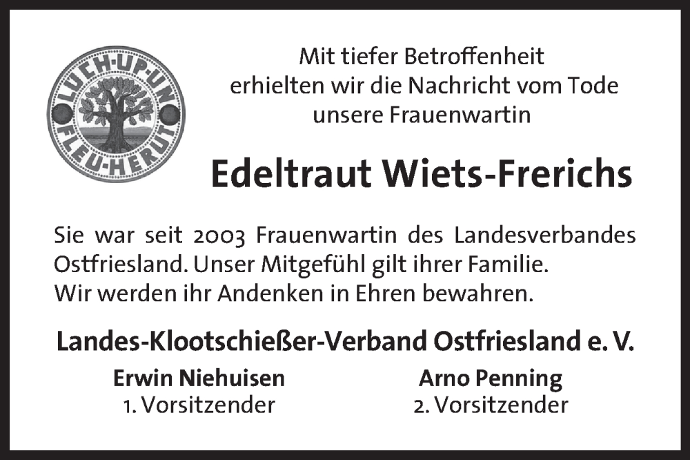  Traueranzeige für Edeltraut Wiets-Frerichs vom 06.11.2023 aus Ostfriesischer Kurier